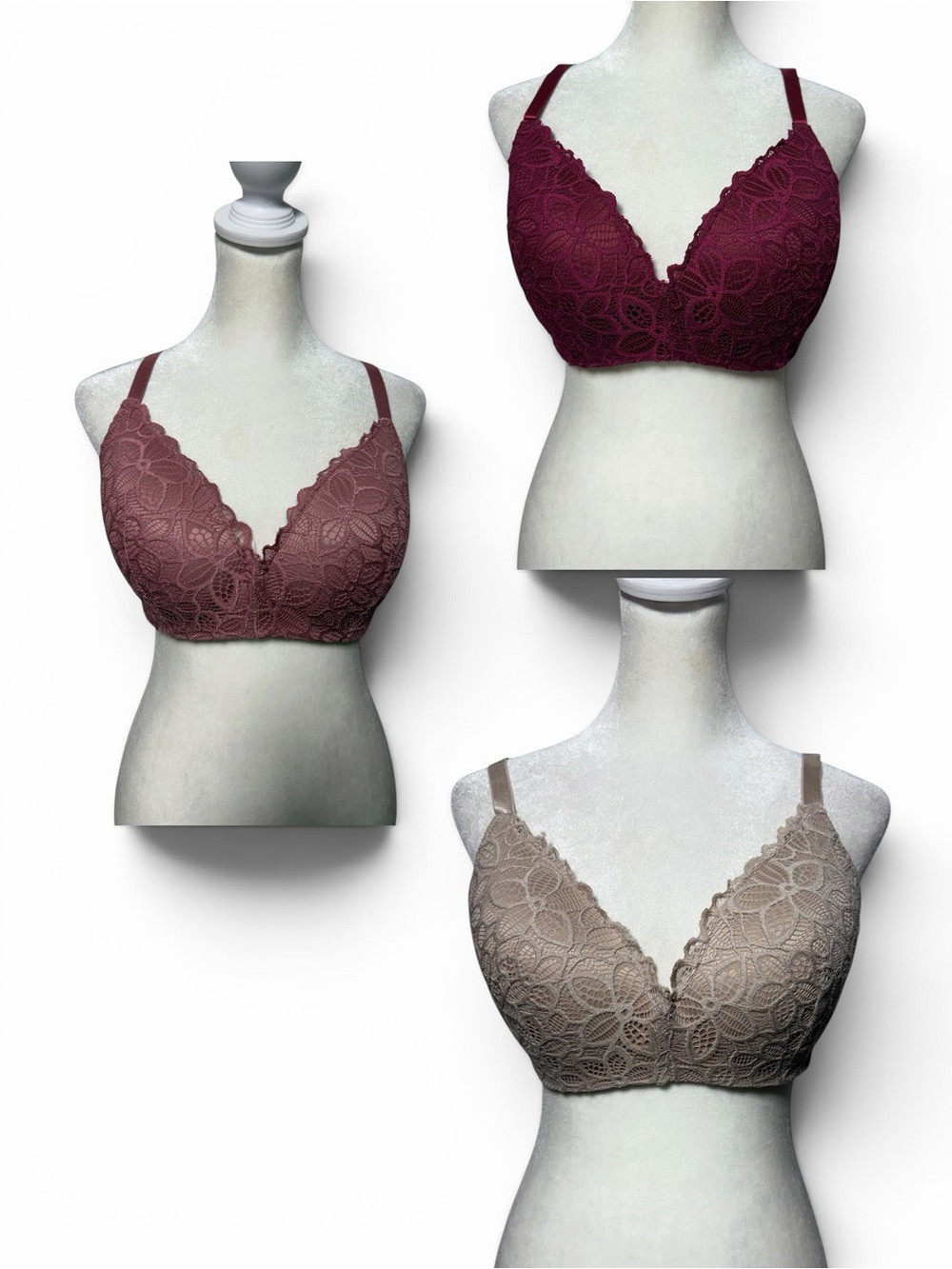 Maidenform Wireless Lace Bra Lot of 3 Size 38D Taupe Wine Mauve